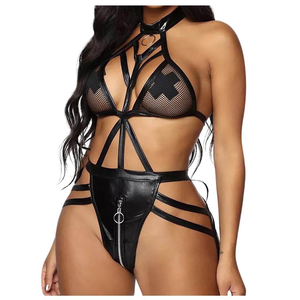 Ladies Sexy Interesting Skinny Hollow Leather Bodysuit Set