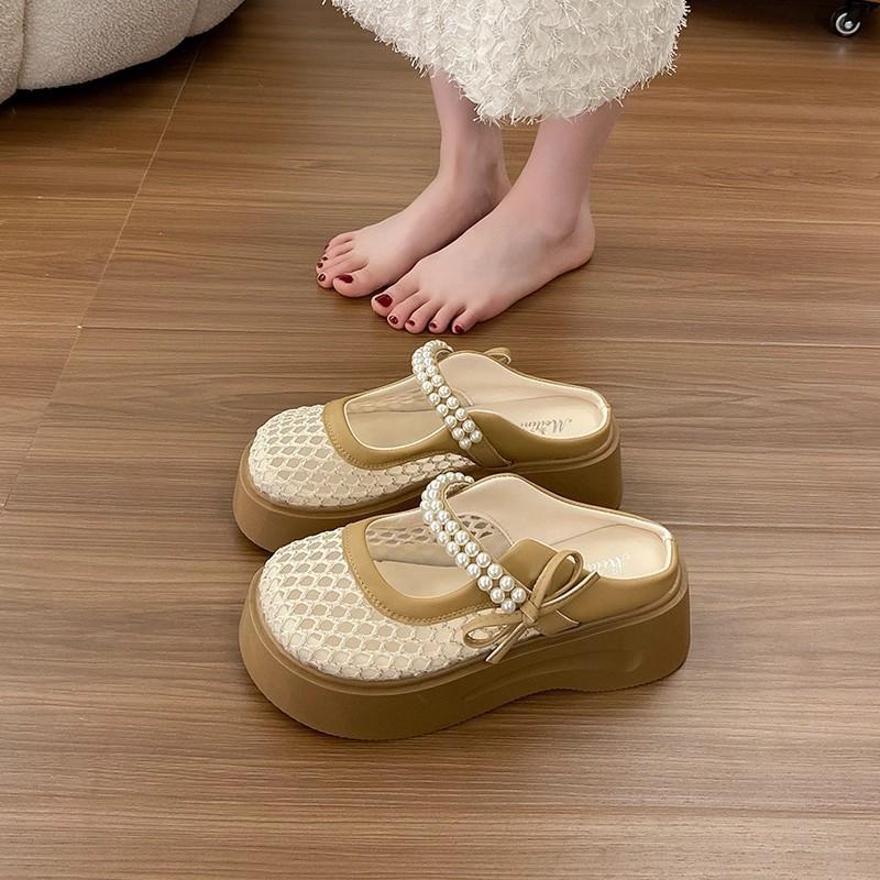 Thick-soled Bag Head Half Slippers Women's Summer Fashion Hole Sandals Lightweight Height-increasing Breathable Hollow Mesh Shoes