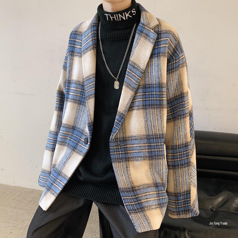 Men's Trendy Plaid Wool Jacket 2023: Autumn/Winter Korean-Style Casual Windbreaker