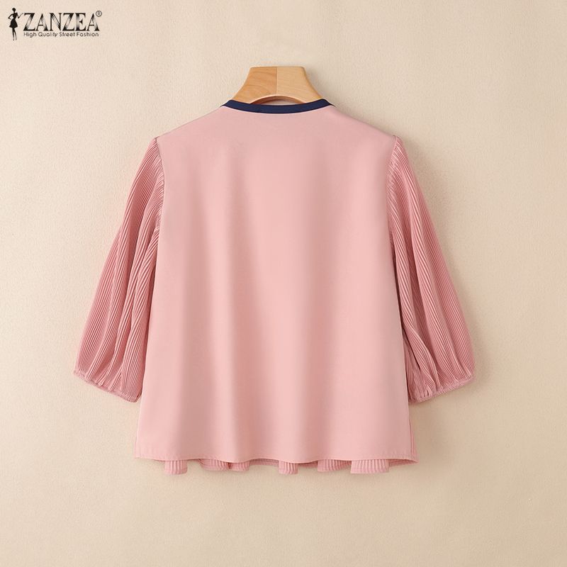 ZANZEA Women Elegant Casual Round Neck 3/4 Sleeve Loose Pleated Blouse