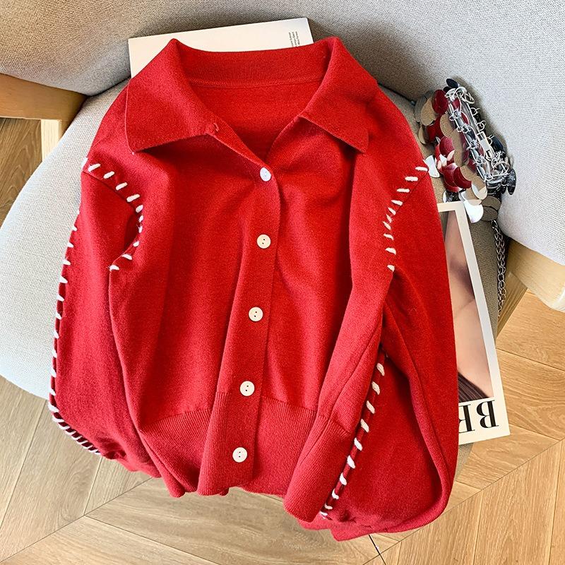 

Lapel knitted cardigan women s autumn new soft waxy sweater top XL красный