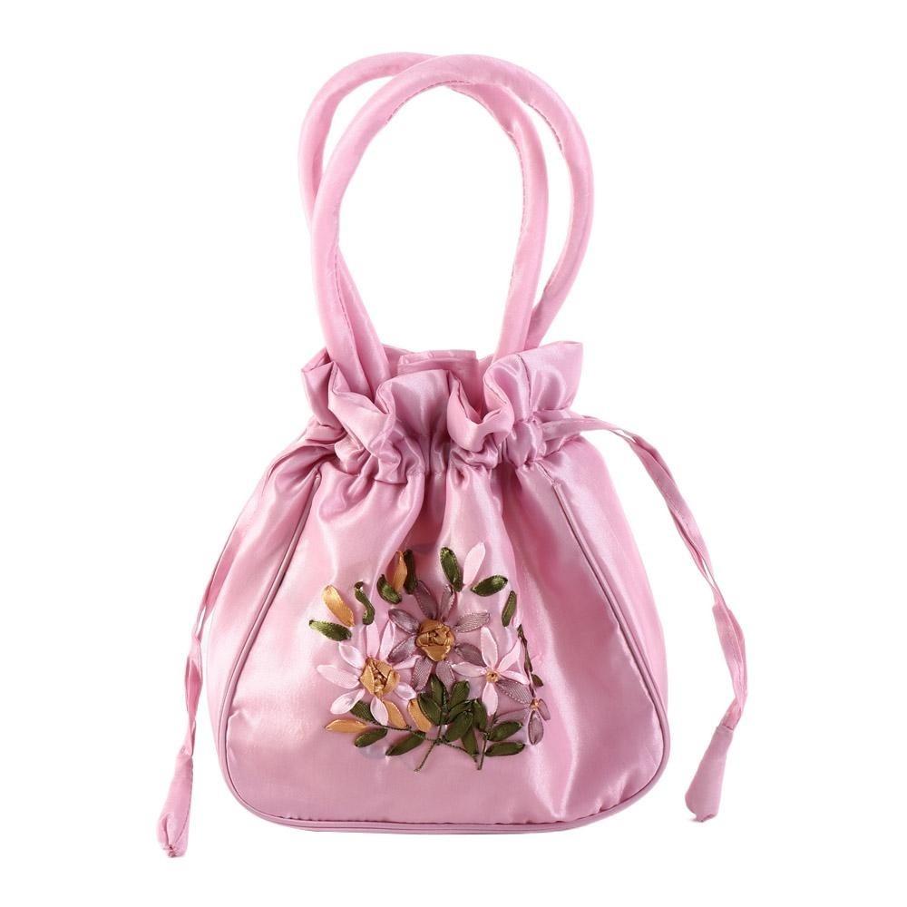 Satin Silk Hanfu Drawstrings Bag Leaf Small Purse Wallet Fashion Embroidery Flower Handbag Daily