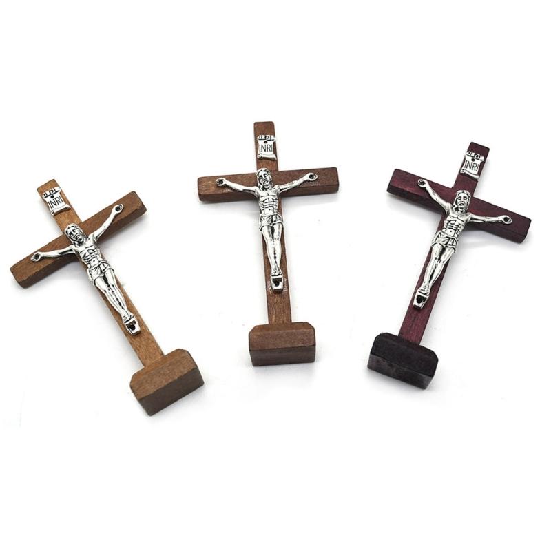 1Pc Wood Catholic Crosses Shelf Church Desktop Decoration Standing Crucifix Decors