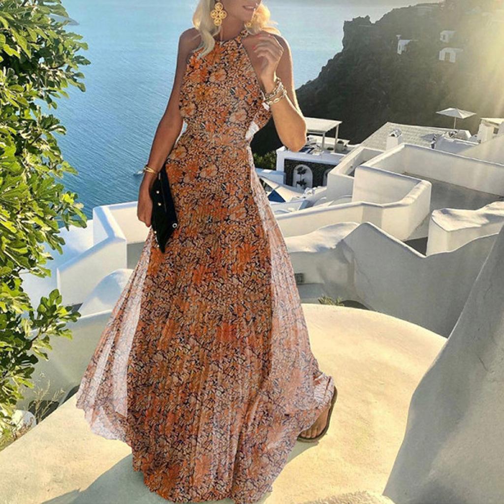 Fashion Women's Bohemian Print Round-Neck Mid-length Sleeveless Leisure Dresses