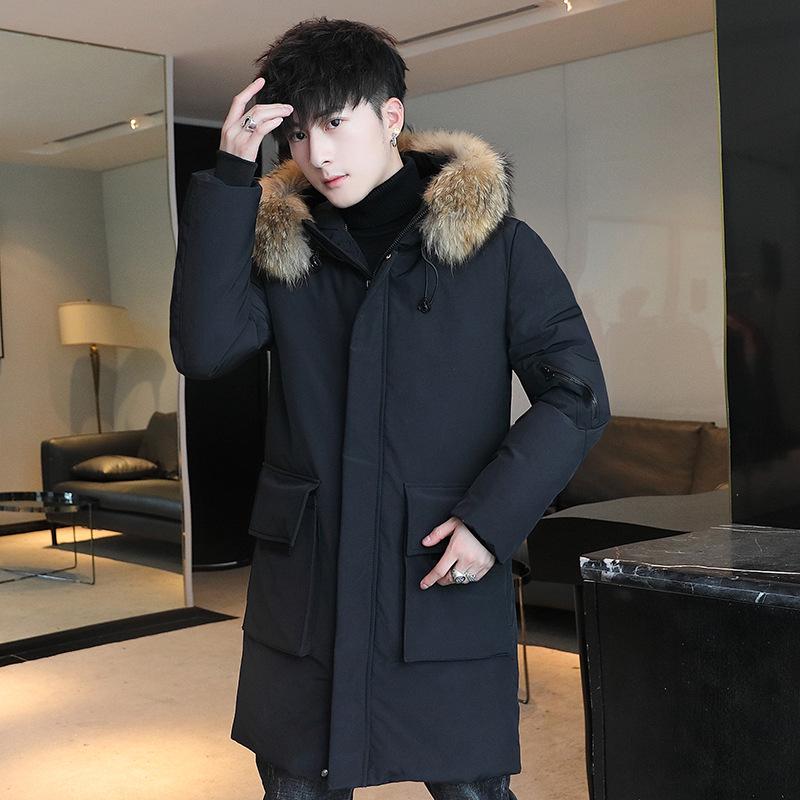 Men's Winter Fur Collar Hooded Mid-Length Casual Cotton Coat