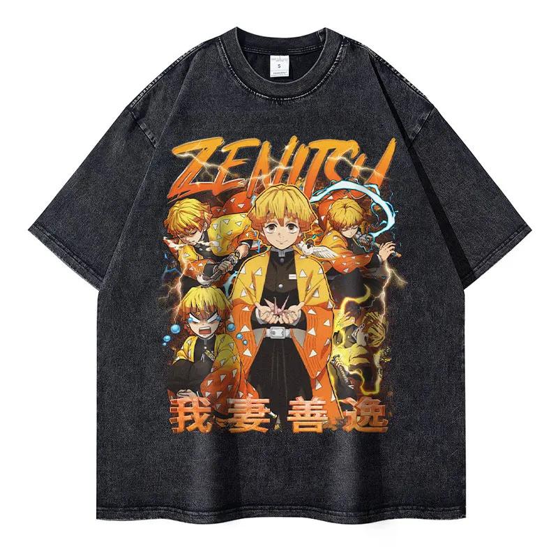 Nezuko T Shirts Vintage Washed Anime Kimetsu No Yaiba T-shirt Oversized Short Sleeve Demon Slayer Mitsuri Tokitou Tops Tees Men