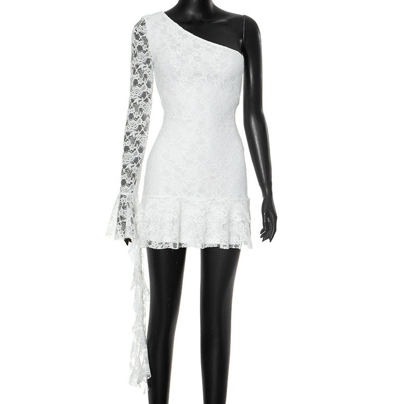 

G24Ds224 European and American Cross-Border Women s Clothing Autumn New Fashion One-Shoulder Sleeve Ruffle Ribbon Long-Sleeve Short Dress White S