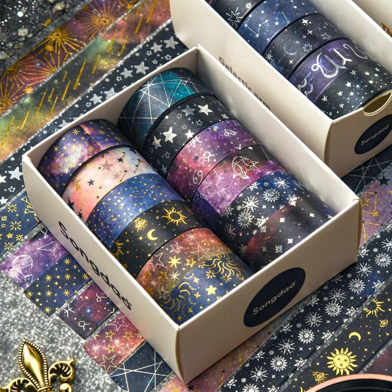 12 Rolls of Starry Sky Bronzing Pattern Washi Tape, Constellation Pattern Tape and Gift Wrapping Decoration, Gifts for Friends