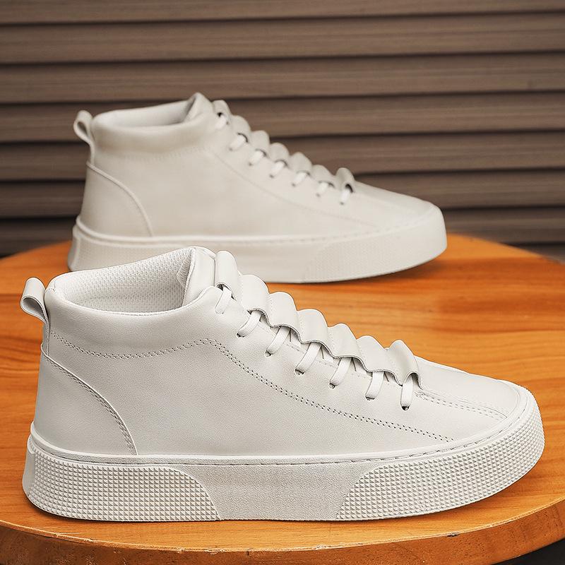 Men's Spring High-Top Casual White Slip-On Skate Shoes - Trendy, Versatile, and Wear-Resistant.