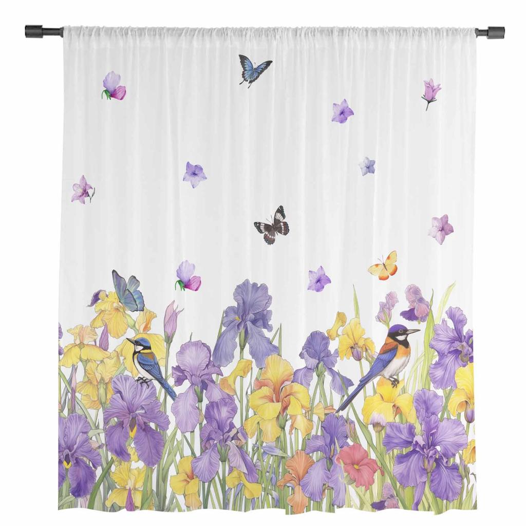 Spring Iris Watercolor Butterfly Sheer Curtains for Living Room Decoration Window Curtains Kitchen Tulle Voile Organza Curtains