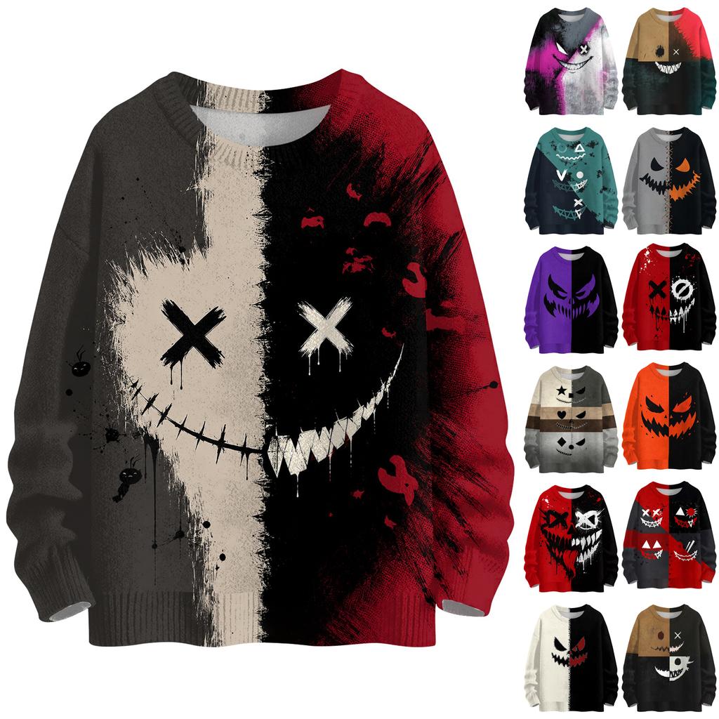 Women's Casual Long Sleeve Halloween Print Round Neck Knit Sweater Top