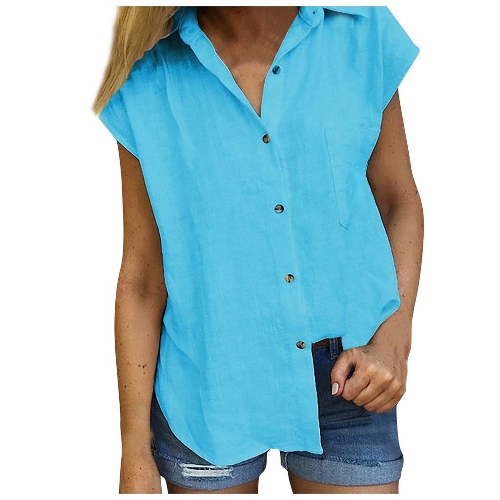 Women's Casual Loose Color Cotton Linen Lapel Short Sleeve Cardigan Tops