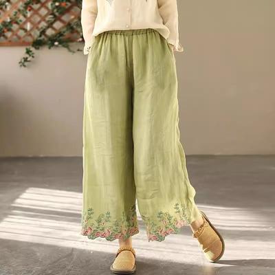 New Chinese-style Ramie Casual Pants for Women In Summer New Loose High-waist Embroidered Versatile Double-layer Wide-leg Pants