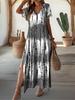 Plus Size Women's Summer V-Neck Slit Dress with Digital Print - European & American Street Style