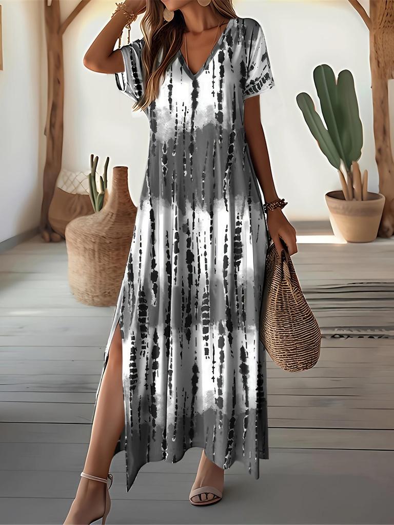 Plus Size Women's Summer V-Neck Slit Dress with Digital Print - European & American Street Style