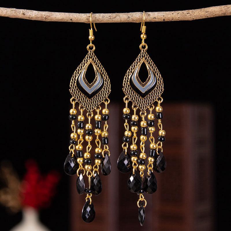 Bohemian Cross-Border Handmade Water Drop Rice Bead Tassel Earrings for Travel Photography