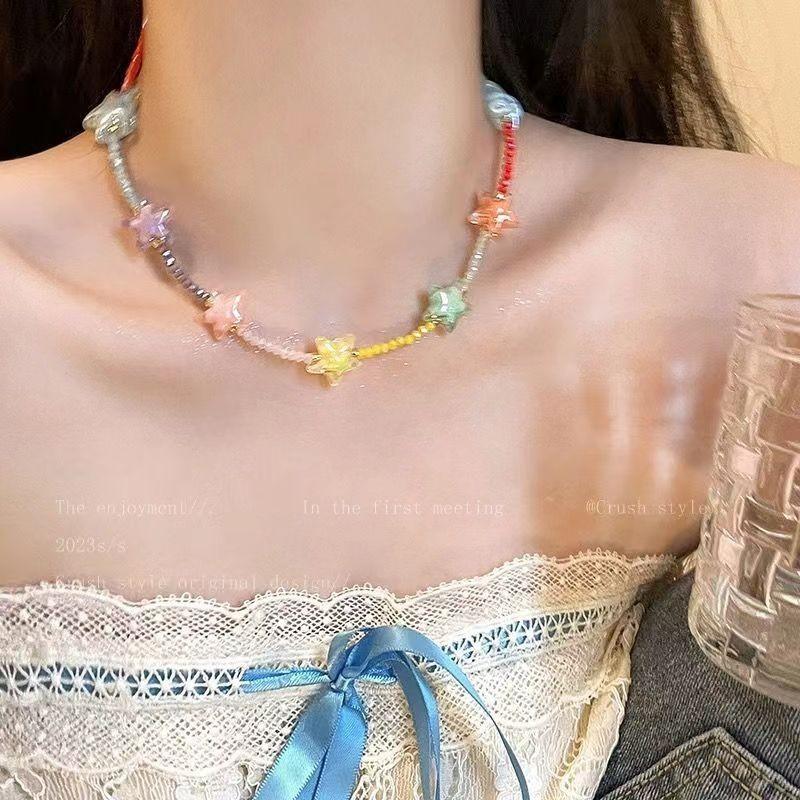 Colored Candy Beaded Necklace Girl Sweet Girl Pink Star Love Pendant Collarbone Chain