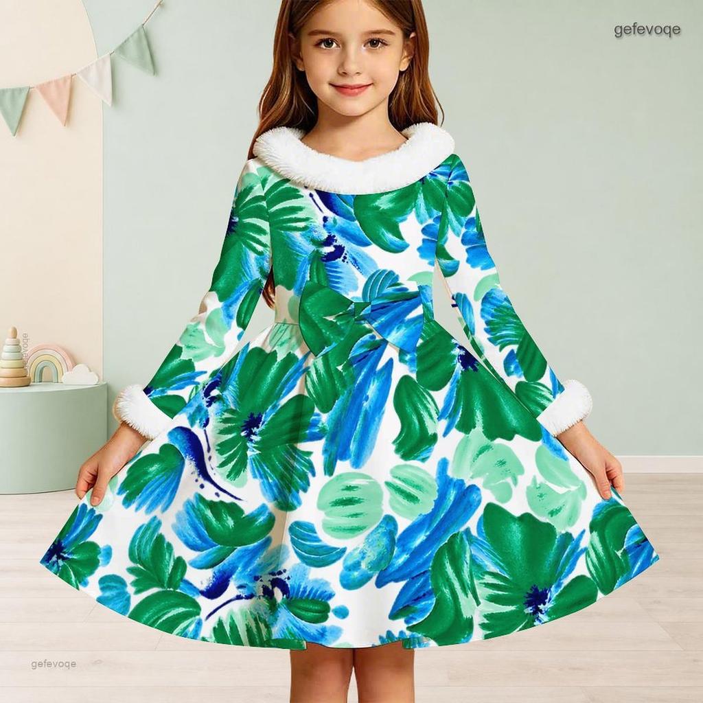 Girls White Furry Collar Long Sleeve Green Blue Leaf Printed Bow Waist A Line Flared Dress