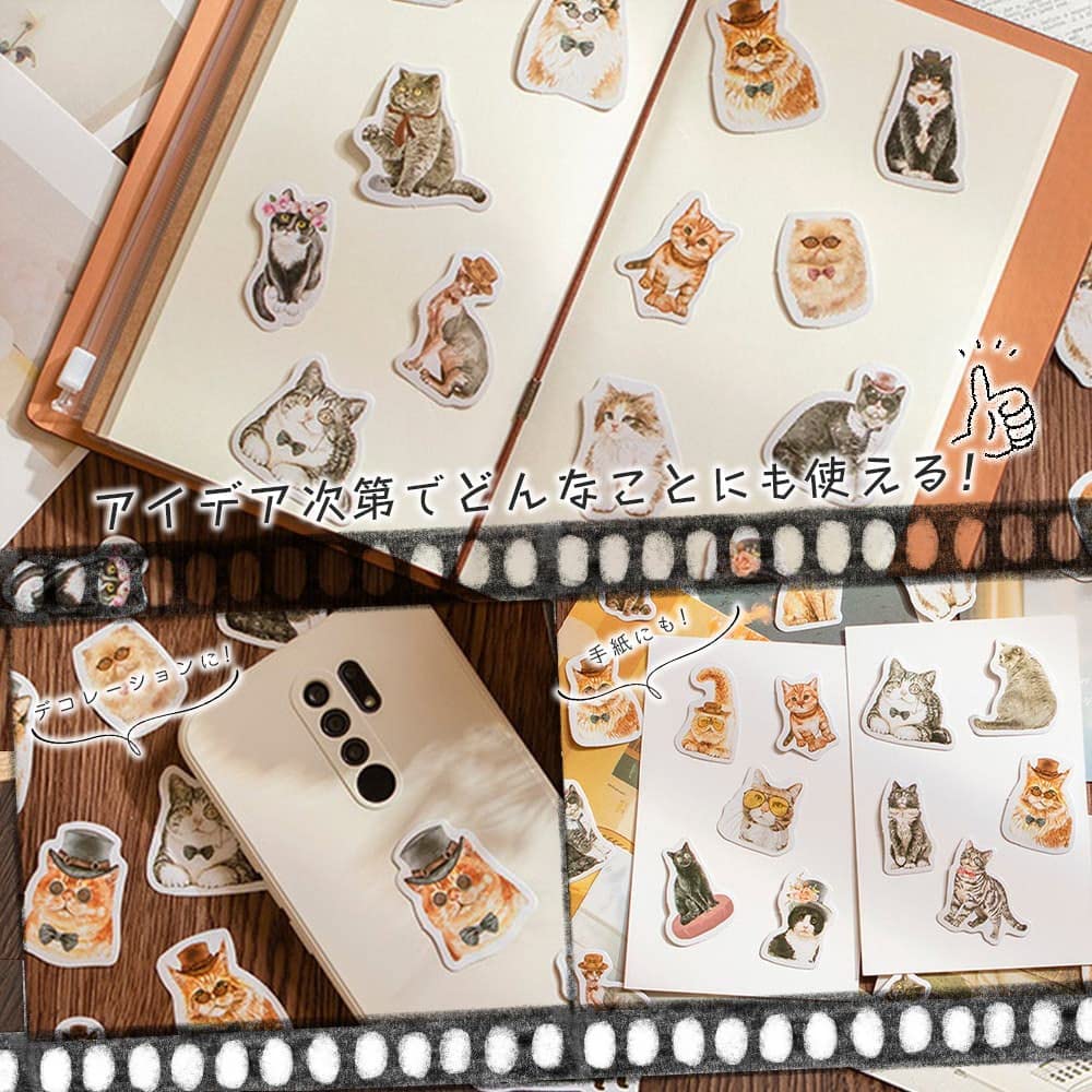 Moin Moin Cat Sticker Assorted Set Cute Watercolor Cat Decorative Reward Stickers Flakes, 92-Piece Animals, Schedule, Planner, Album, Letter,