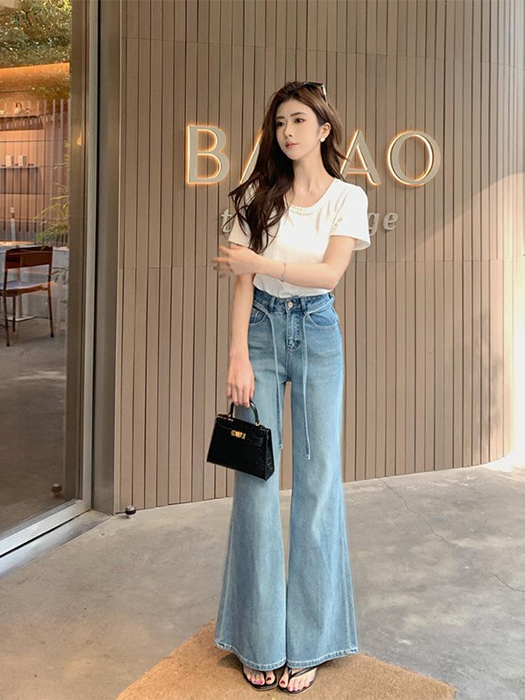 

Petite Women s High Waist Flared Jeans, 2025 Spring Style, Slimming Light Blue Floor-Length for Commuting Small