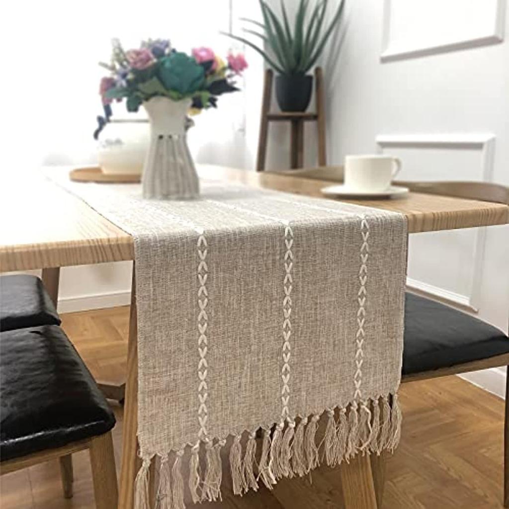 Vintage Tischläufer mit Quaste, Hochzeit, Zuhause, Tischdecke, Polsterstoff, handgewebt, Bauernhaus-Tischset aus Baumwolle und Leinen