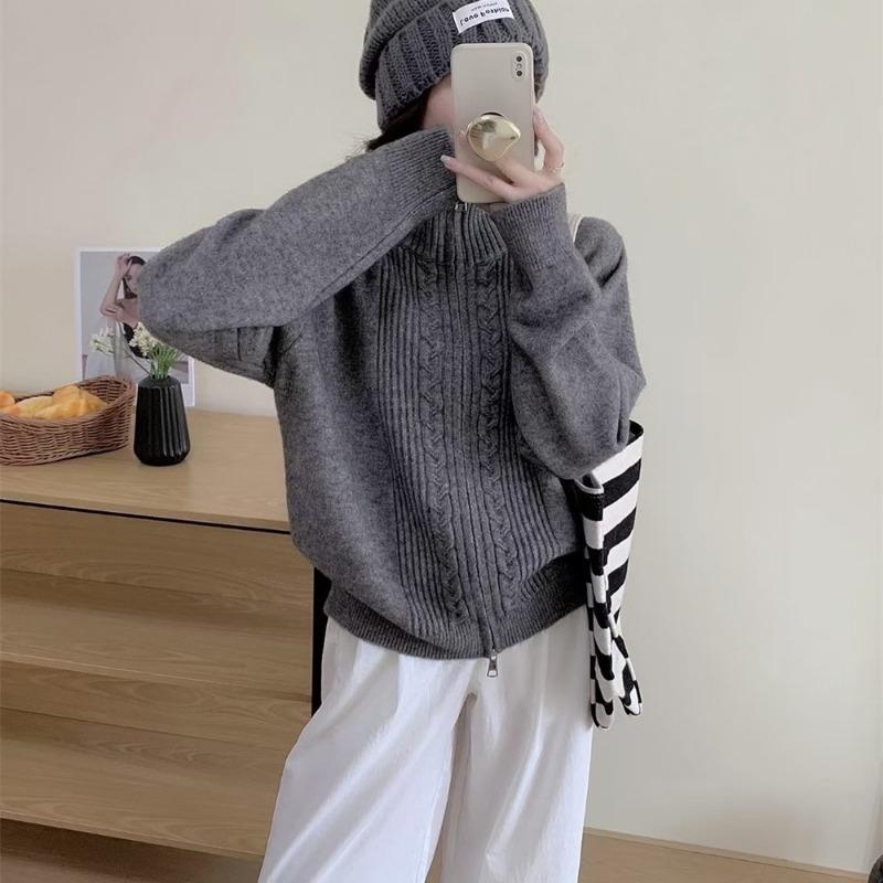 Double Zipper Twist Lapel Sweater Jacket Women's Autumn and Winter New Loose Simple Lazy Wind Knitted Cardigan