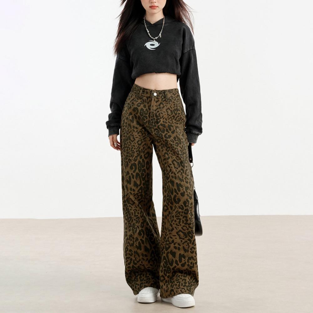 American Personalized Leopard Print Jeans Women's Spring and Autumn New High-waisted Straight Loose Wide-leg Mopping Jeans