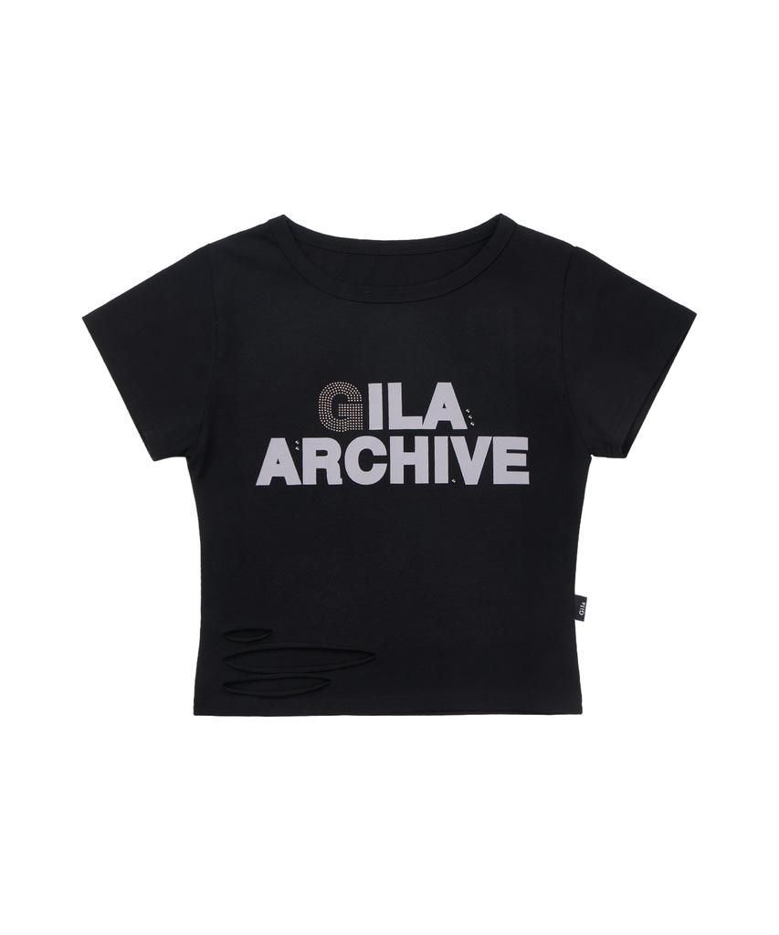 Gillaakaibeu Scratched Bold Logo Crop T-Shirts_Black