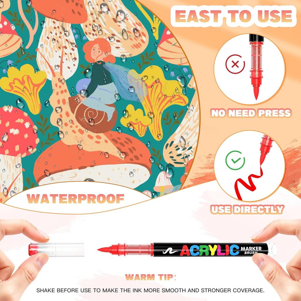 12-48 Colors Acrylic Paint Marker DIY Waterproof Soft Brush Tip Paint Pens for Wood Stone Canvas Glass Fabric Egg Rock Painting