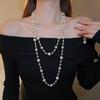 Diamond-encrusted Flower Geometric Pearl Necklace Temperament Light Luxury Sweater Chain French Retro Necklace Autumn and Winter