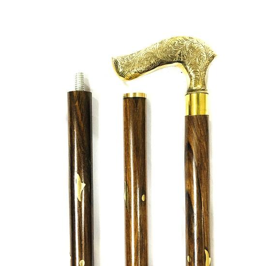 Gehstockgriff aus Messing mit braunem Holzstock Gehstockgriff aus Messing