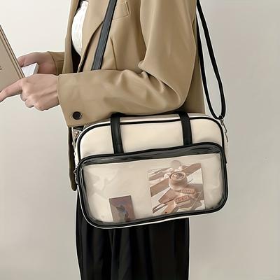 Clear Pocket Front Shoulder Bag, Trendy Preppy Style Tote Bag, Large Capacity Crossbody Bag