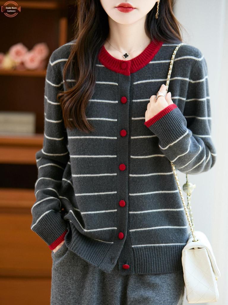 Women's Striped Color Block Pure Wool Thick Knit Cardigan Sweater