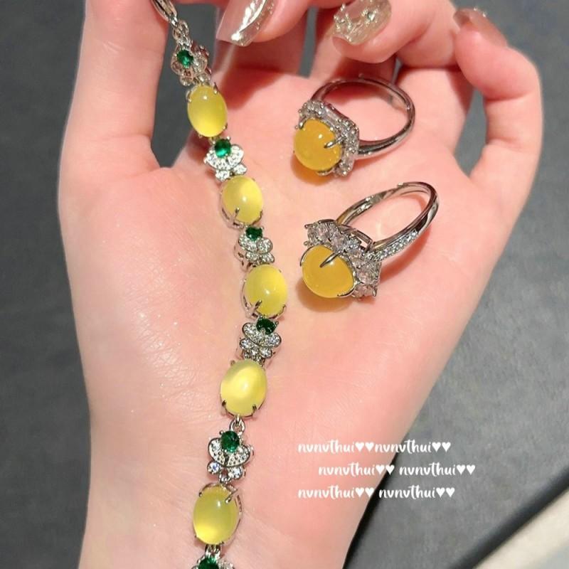 Vintage-Style Yellow Chalcedony Flower Charm Bracelet Earrings Set 18K Gold Plated Handmade Jewelry Women