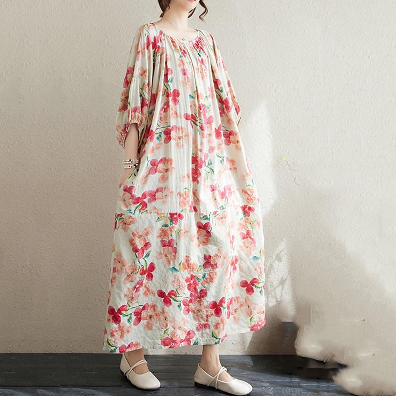 Short Sleeve Plus Size Cotton Vintage Floral New In Dresses for Women Casual Loose Long Summer Dress