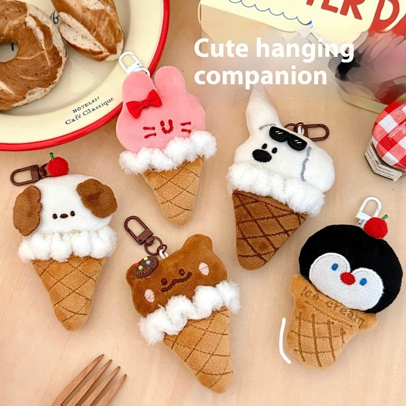 Chaveiro de Pelúcia Animal de Desenho Animado Fofo Sorvete Kawaii Cachorro Coelho Urso Boneca de Pelúcia Pingente Brinquedo Argola de Chave Decoração de Mochila Presentes