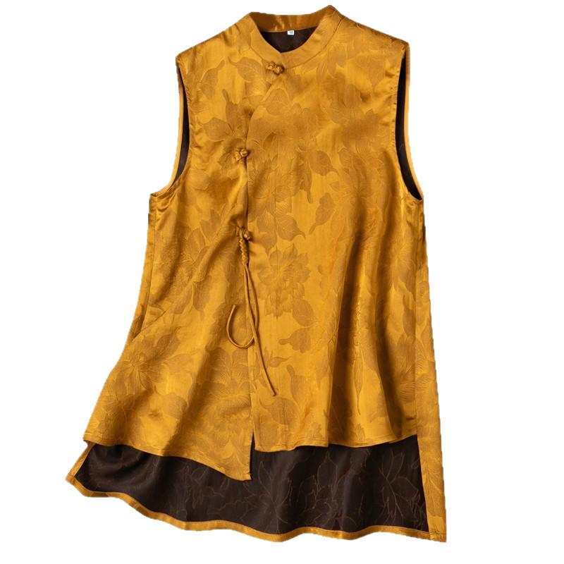 Andningsbar Gazeväst med Silkesblomma och Grodknapp - Damväst i Guld i Konstnärlig Kinesisk Stil