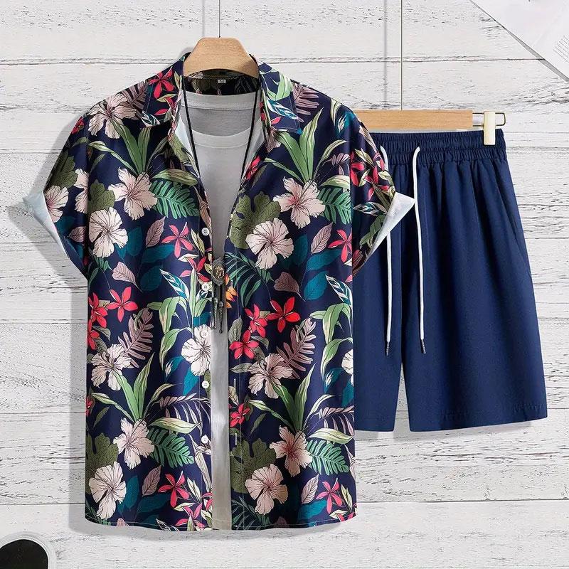 Hawaiis Neues Klassisches Herren Freizeithemd Bedrucktes T-Shirt und Zweiteilige Shorts Sommer Outdoor Reiseaktivitätskleidung