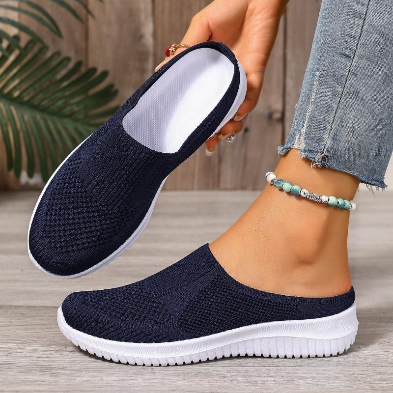 Women's Plus Size Half Slippers, Flying Woven Shallow Mouth Slip On Shoes, Breathable Casual Daily Ladies Flats