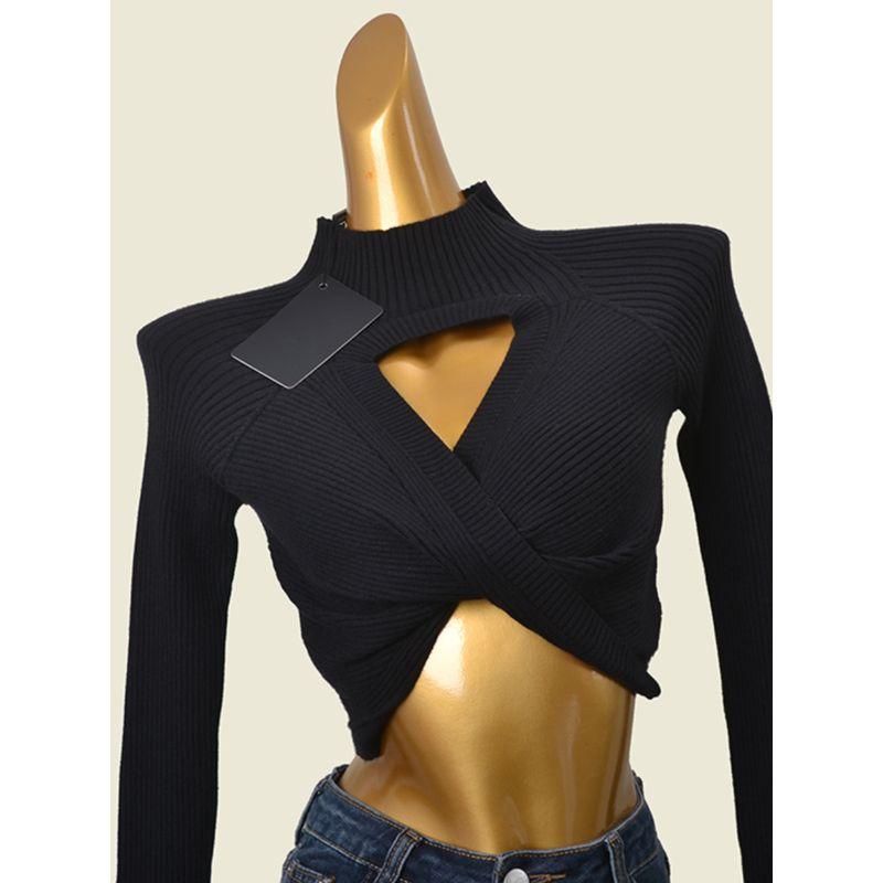 Export Fashion Cards Sexy Midriff-Baring Long Sleeve Knitwear Fashion Sexy Cut Out High Elastic Half Turtleneck Short Tops