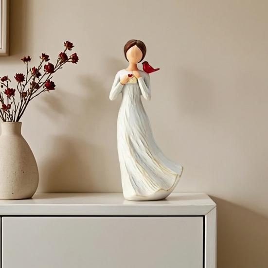 Hand Painted Girl Bird Figurine Resin Red Bird Standing on Girl's Shoulder Statue Sympathy Gifts for Loss of Loved One