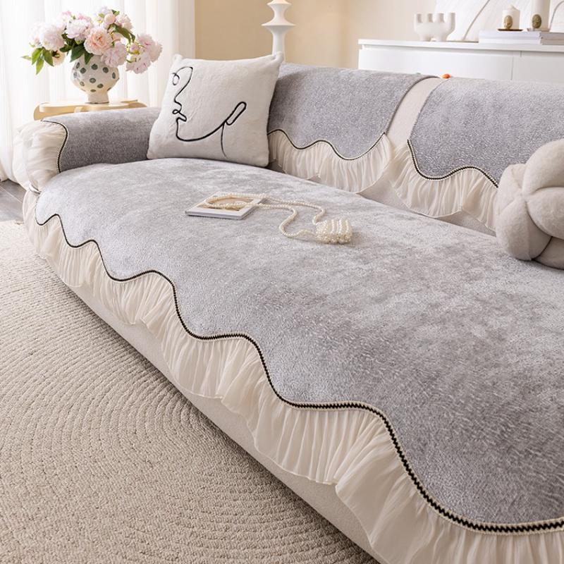 Cream Style Sofa Cushion Seasonal Universal Chenille Anti Cat Scratch Cover Cloth Skirt Edge Non-Slip Cushion For Living Room