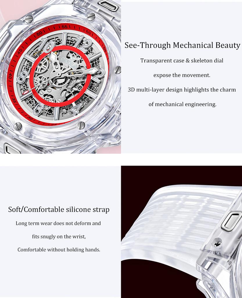 Skeleton Automatic Mechanical Watch for Men Casual Transparent Case Waterproof Luminous Wrist Watch Silicone Strap