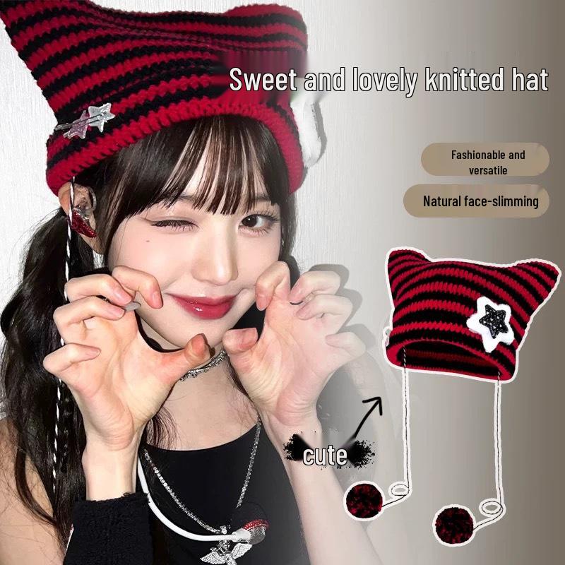 Japanese Style Cute Star Cat Wool Knit Hat - Warm & Versatile for Autumn/Winter
