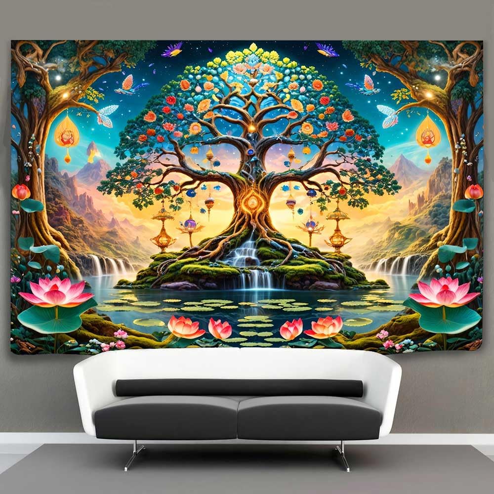 Fantasy Forest Tree Tapestry Green Nature Tree Of Life Tapestry For Bedroom Aesthetic Waterfall Lotus Flower Natural Landscape