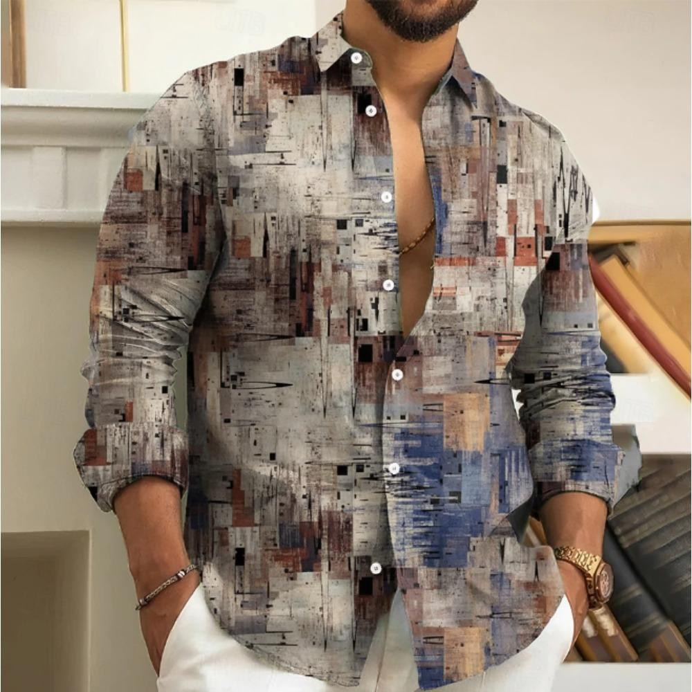 Men's Abstract Printed Long Sleeve Shirts Casual Cardigan New Button Holiday Fashion Shirts