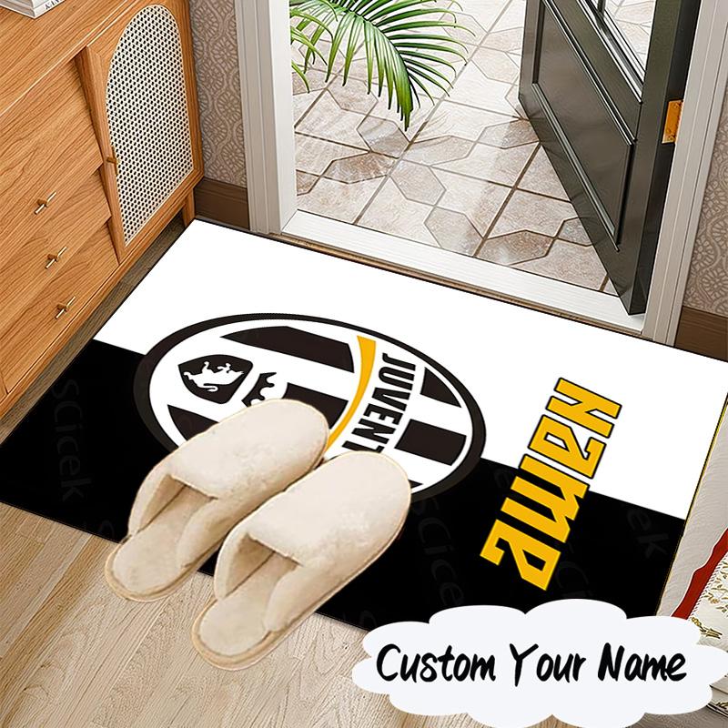Custom Name Juventus FC Crest Design Rug for Living Room, Game Rooms, Office, Bedroom, Floor Mat Playful Design, Fan Gifts Christmas Decor