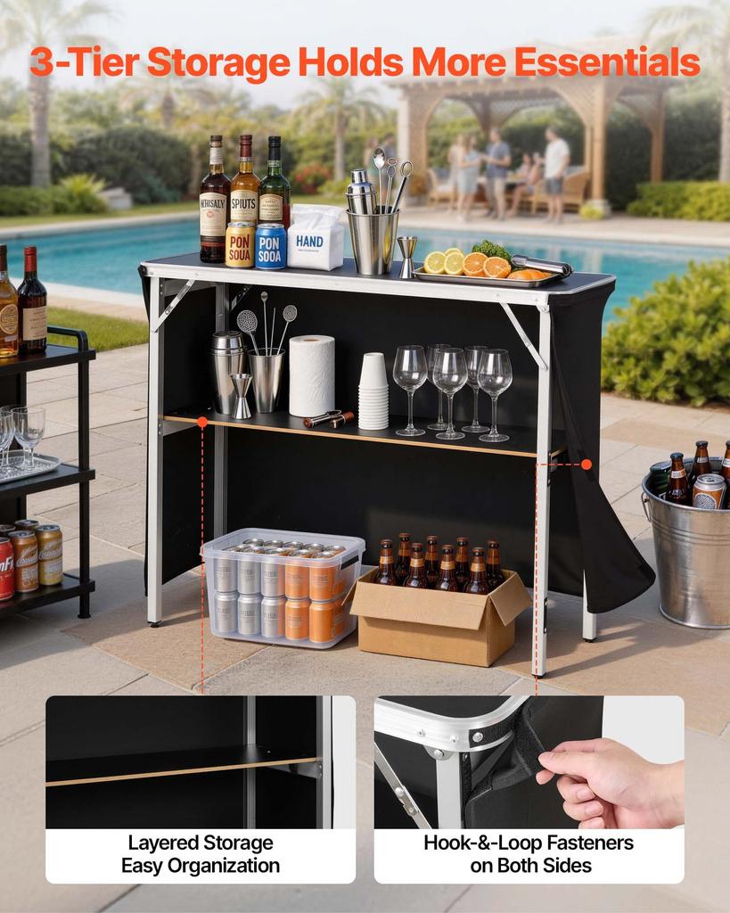 VEVOR Folding Portable Bar Table, 1100 x 385 x 885 mm, with Carry Bag, Storage Shelf, and Detachable Skirt, Quick and Easy Setup