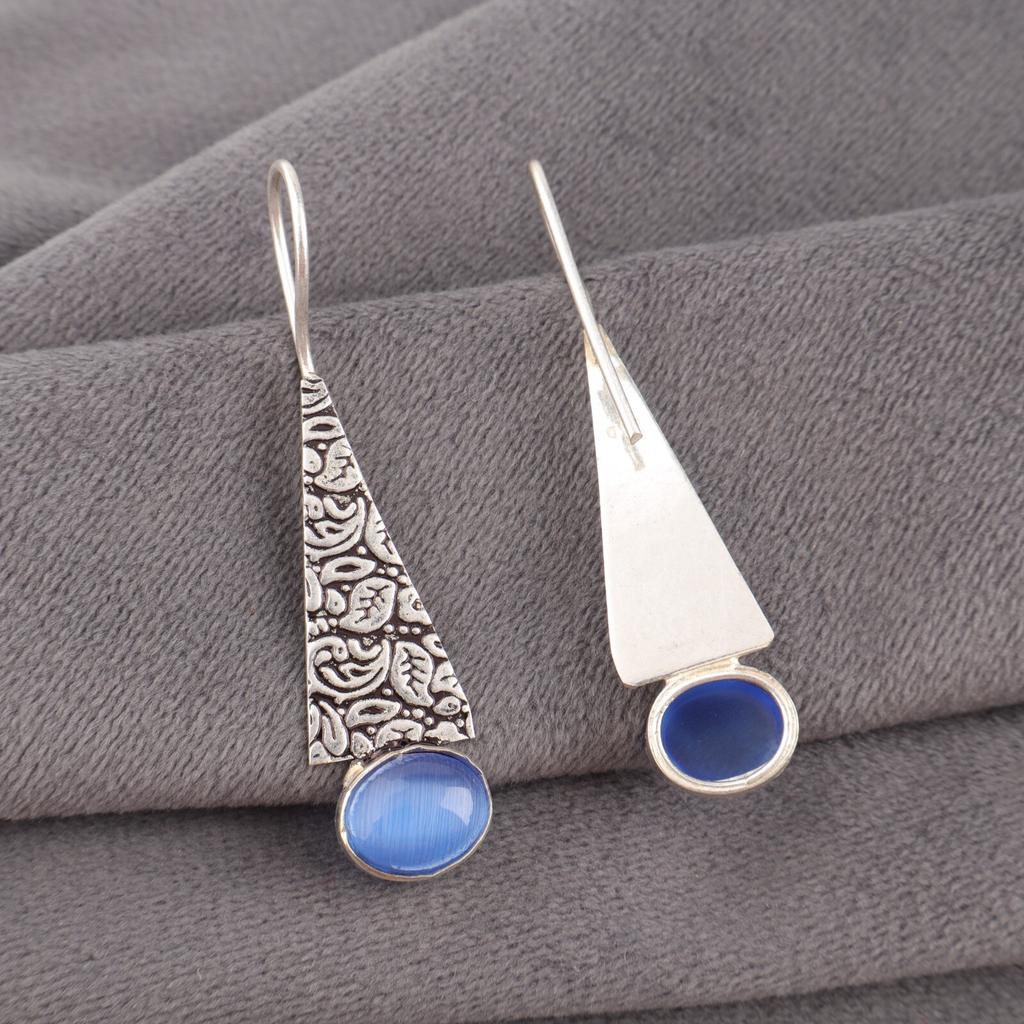 Natural Dark Blue Cat's Eye Gemstone 925 Sterling Silver Jewelry Earrings 1.9" EE-165-42