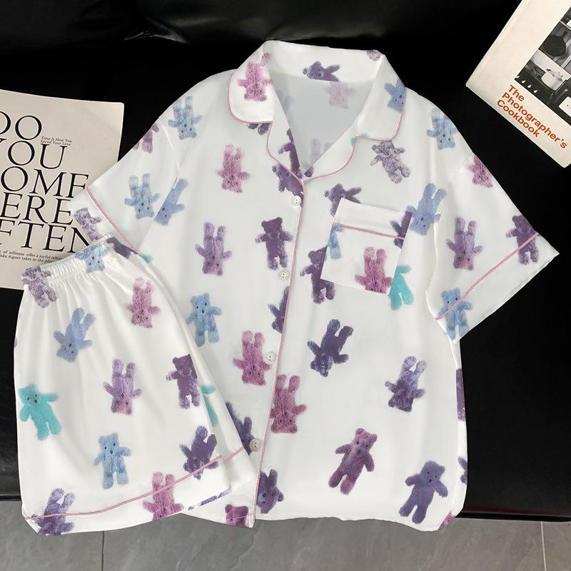 Casual Cartoon Bear Ice Silk Pajamas Girl Summer Thin Short-Sleeved Shorts Can Be Worn Outside Loungewear Suit